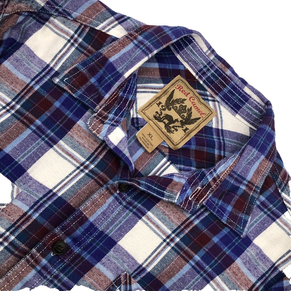 Red Camel Mens Flannel Shirt Size XL Blue Red Plaid Super Soft Casual All Cotton